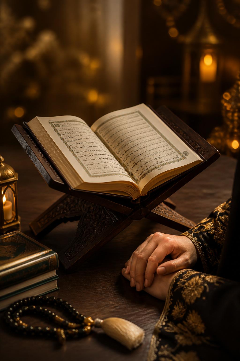 An open Quran on an ornate wooden stand with warm golden candlelight